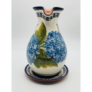 Casafina Pitcher Jug Hydrangea Blue Hand Painted Portugal W Under Plate Large